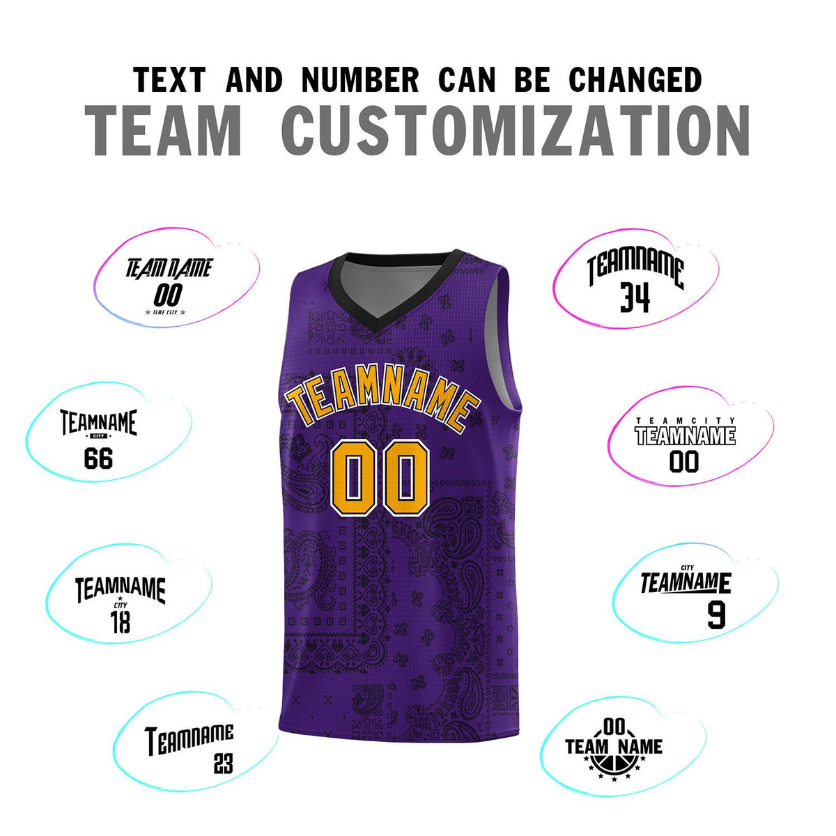 Custom Purple Basketball Kits With Black Cashew Flower Print Pattern