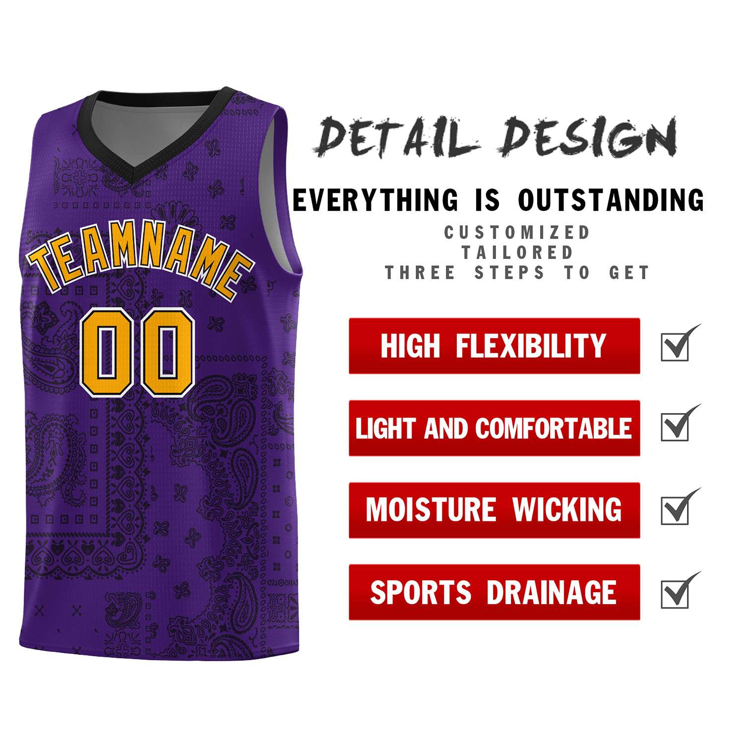 Custom Purple Basketball Kits With Black Cashew Flower Print Pattern