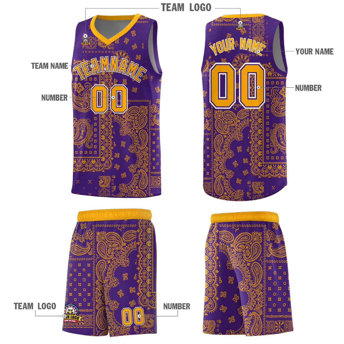 Custom Purple Basketball Kits With Yellow Cashew Flower Print Pattern