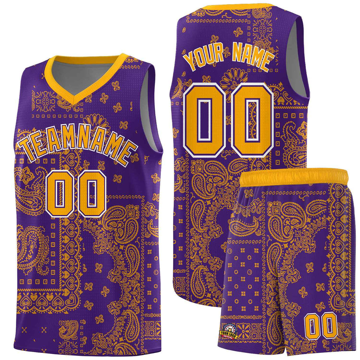Custom Purple Basketball Kits With Yellow Cashew Flower Print Pattern