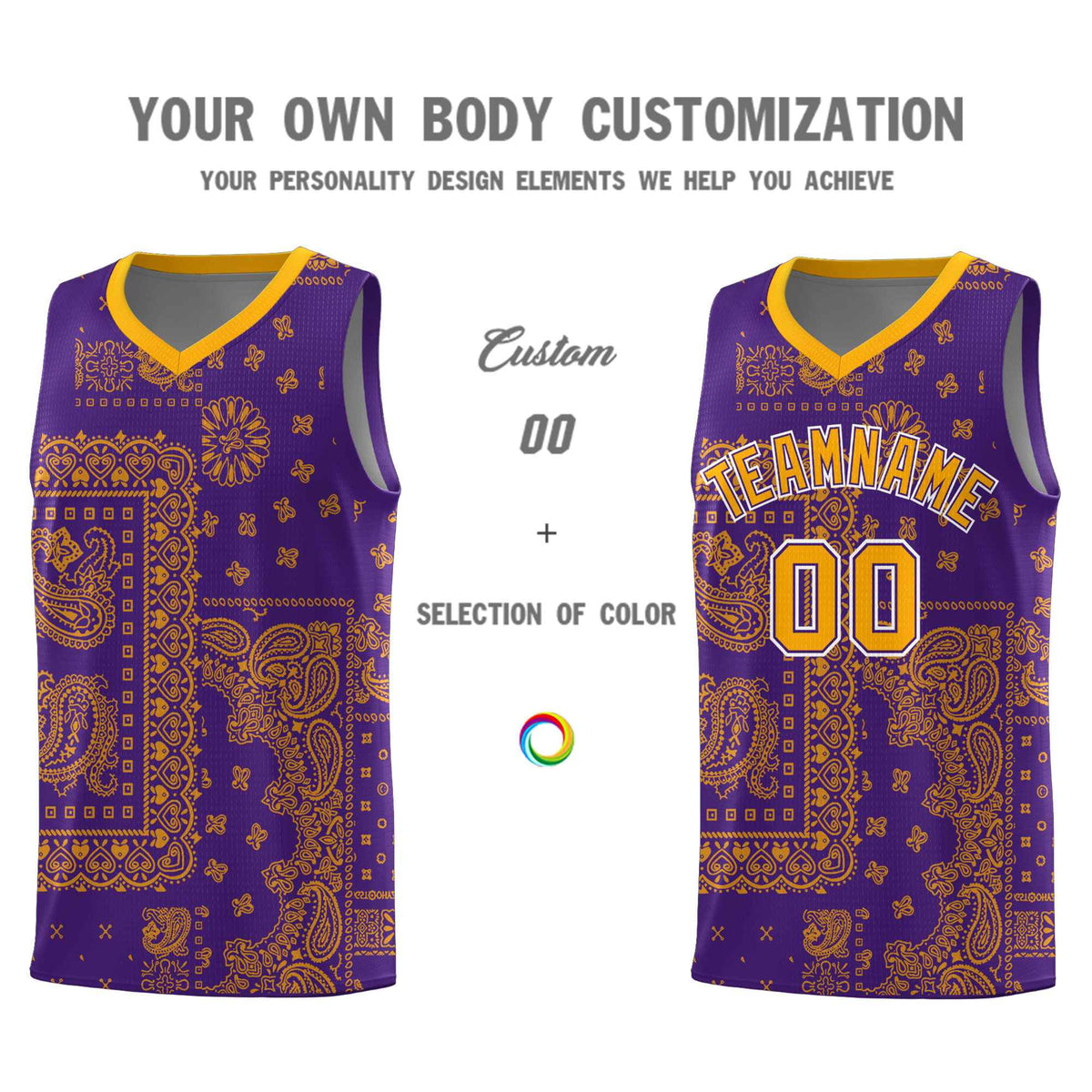 Custom Purple Basketball Kits With Yellow Cashew Flower Print Pattern
