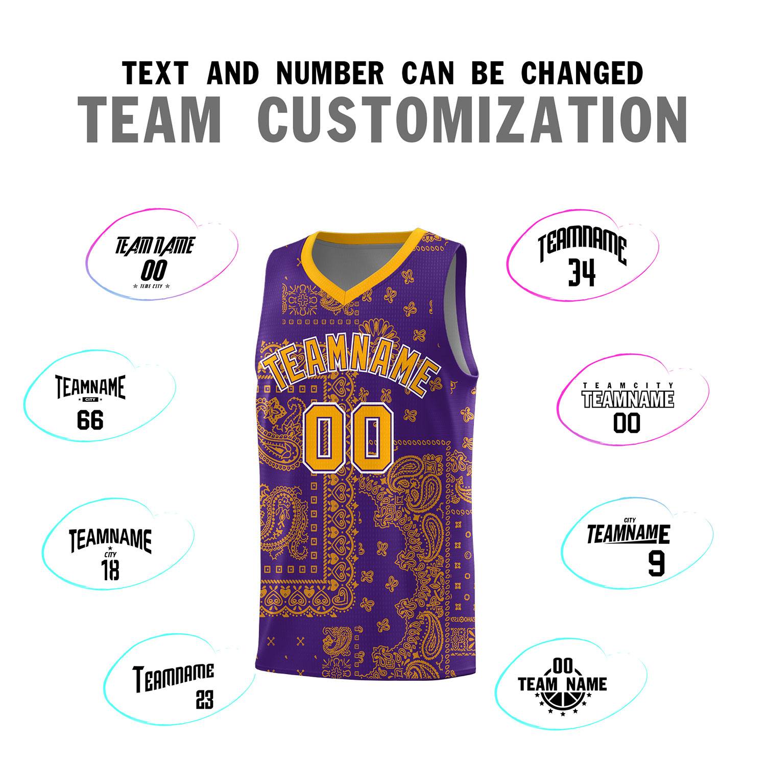 Custom Purple Basketball Kits With Yellow Cashew Flower Print Pattern