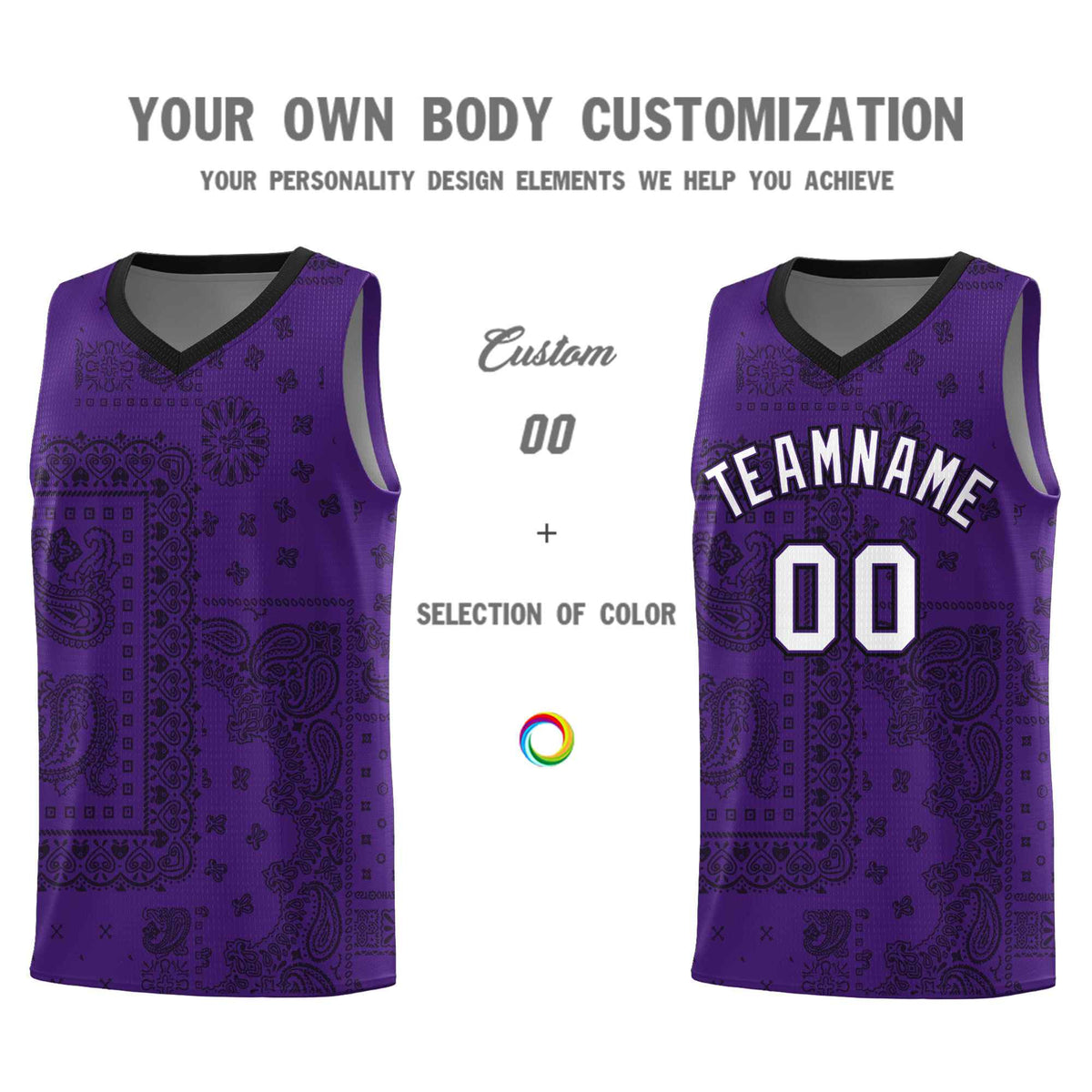 Custom Purple Basketball Kits With Black Cashew Flower Print Pattern