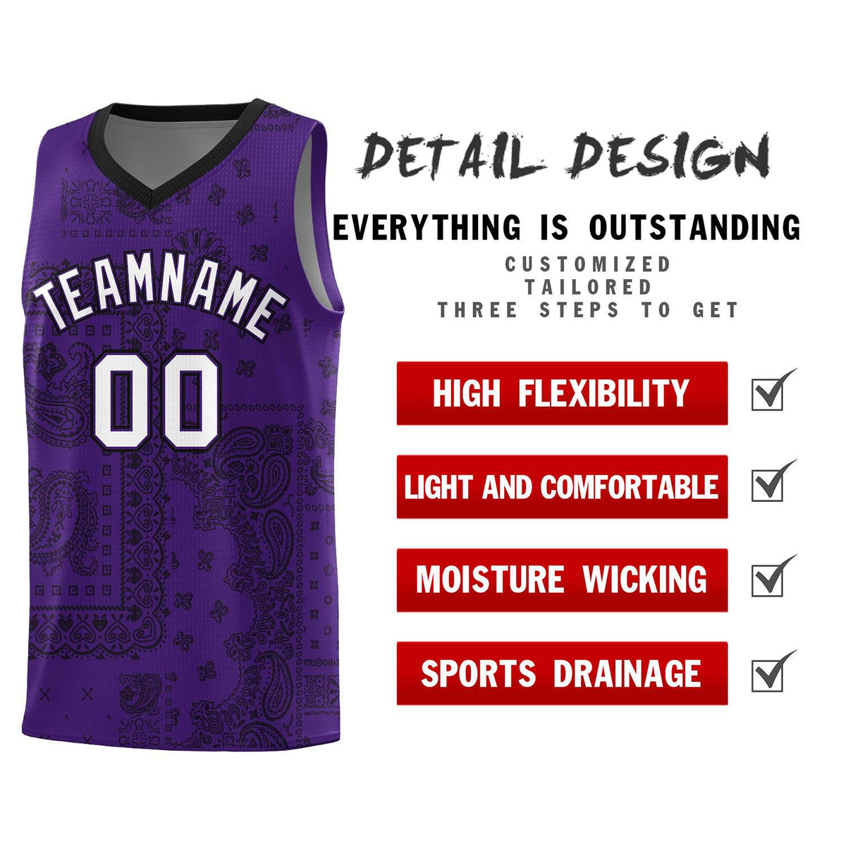 Custom Purple Basketball Kits With Black Cashew Flower Print Pattern