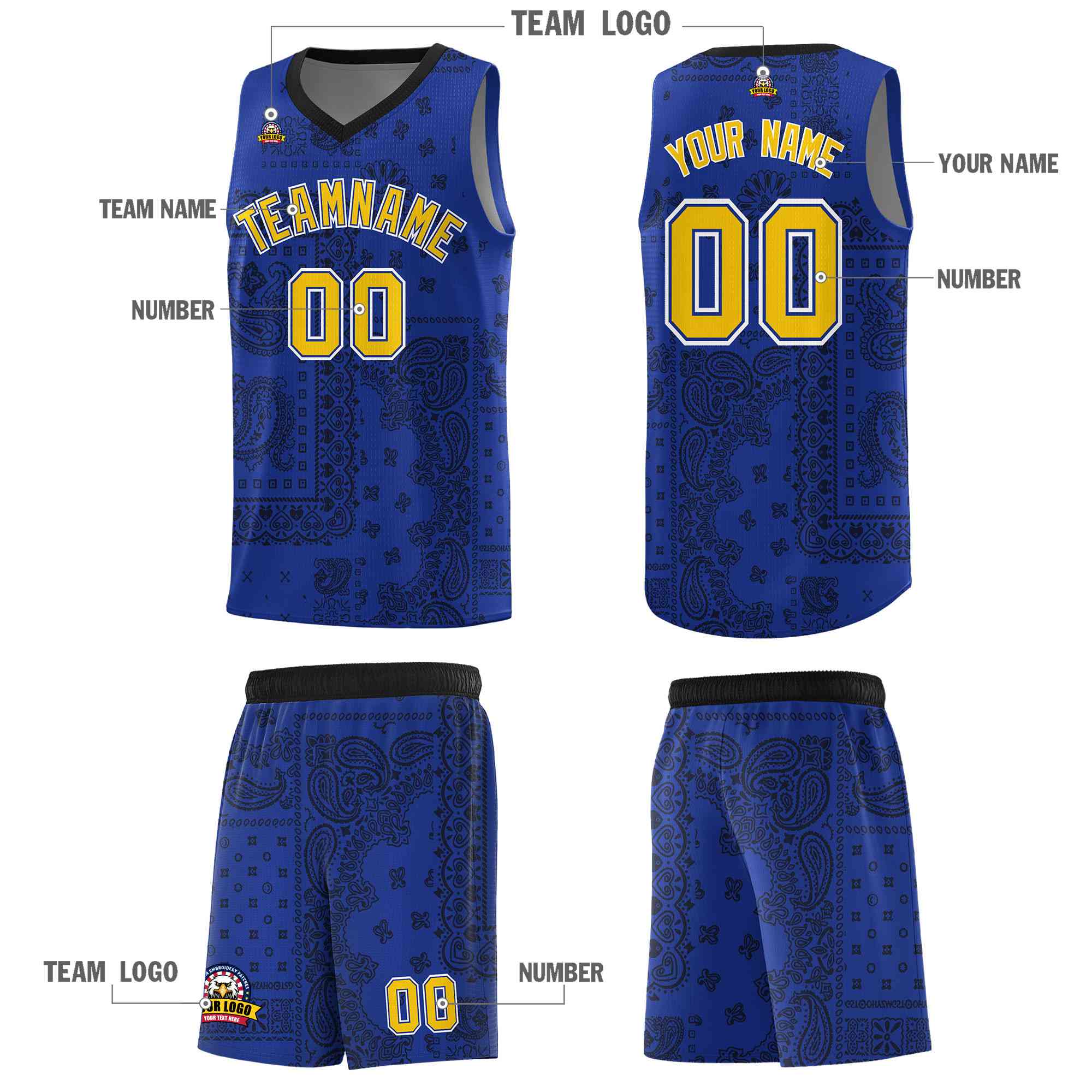 Custom Royal Basketball Kits With Black Cashew Flower Print Pattern