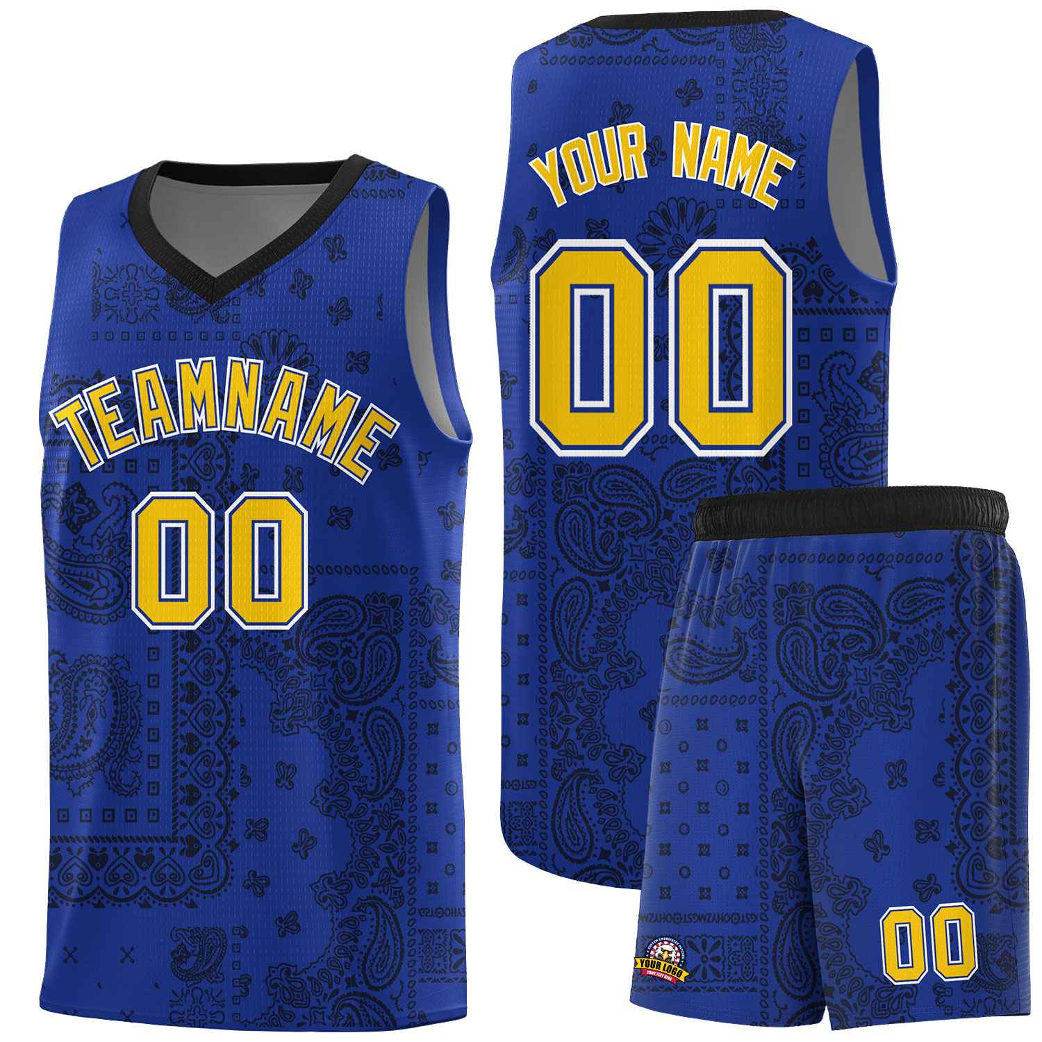 Custom Royal Basketball Kits With Black Cashew Flower Print Pattern