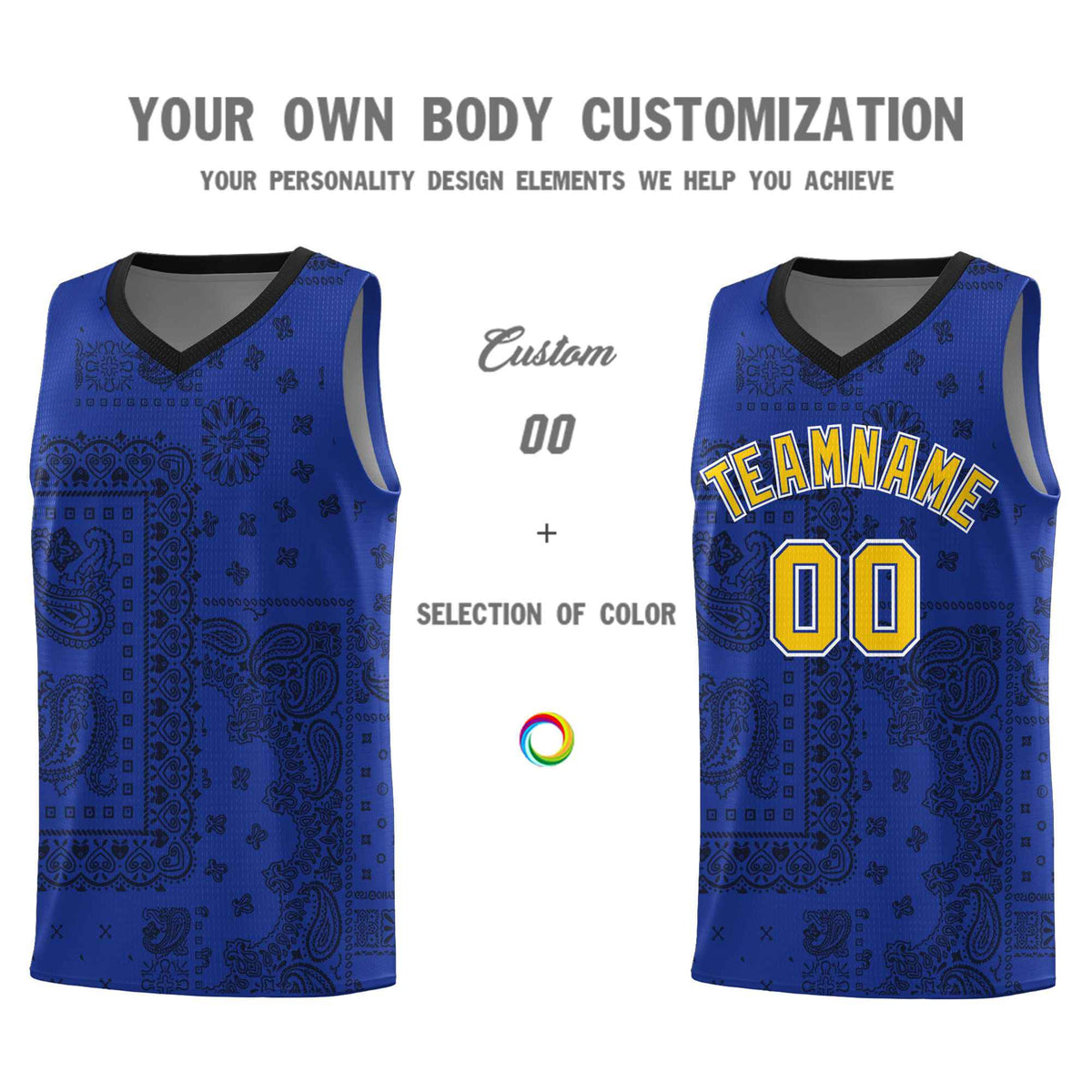 Custom Royal Basketball Kits With Black Cashew Flower Print Pattern
