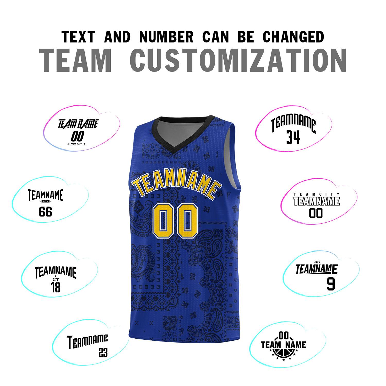 Custom Royal Basketball Kits With Black Cashew Flower Print Pattern