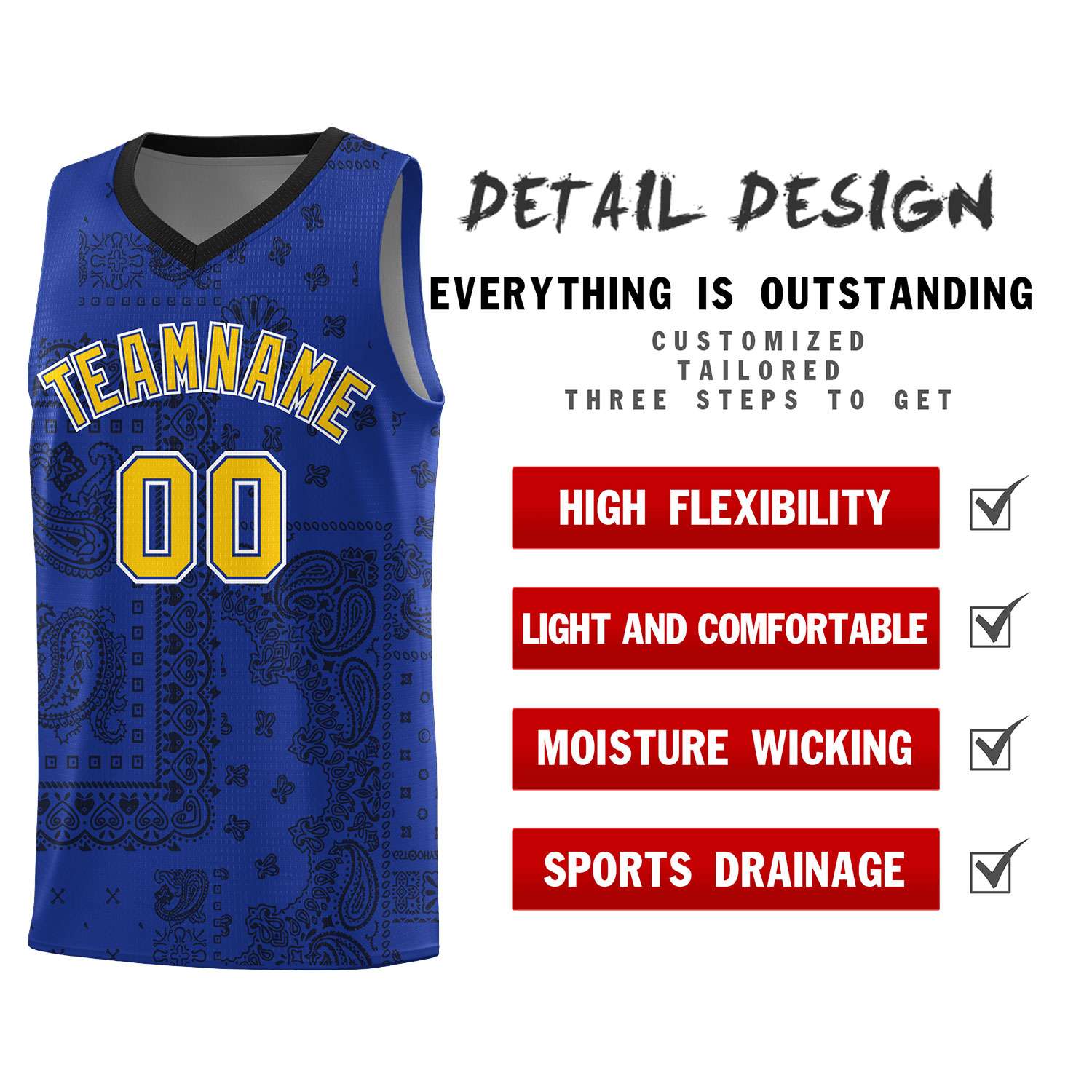 Custom Royal Basketball Kits With Black Cashew Flower Print Pattern