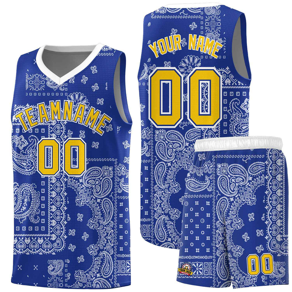 Custom Royal Basketball Kits With White Cashew Flower Print Pattern