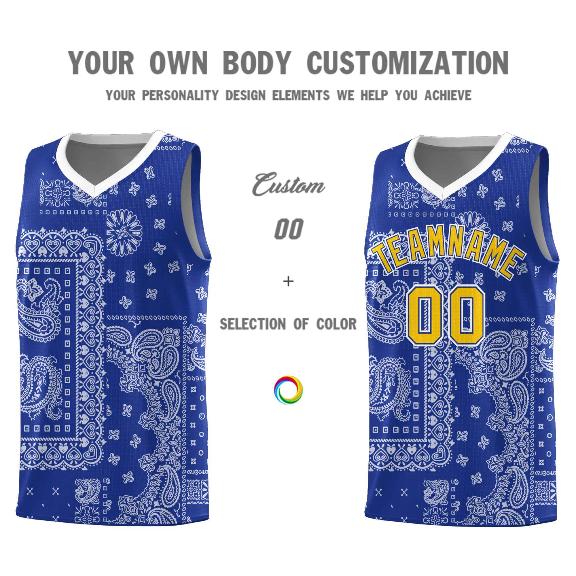 Custom Royal Basketball Kits With White Cashew Flower Print Pattern