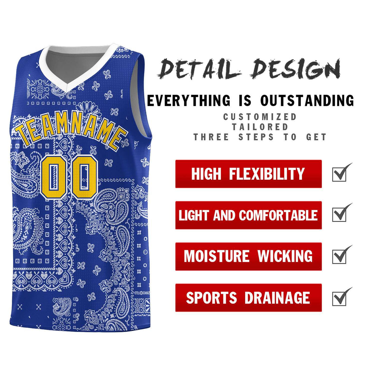 Custom Royal Basketball Kits With White Cashew Flower Print Pattern