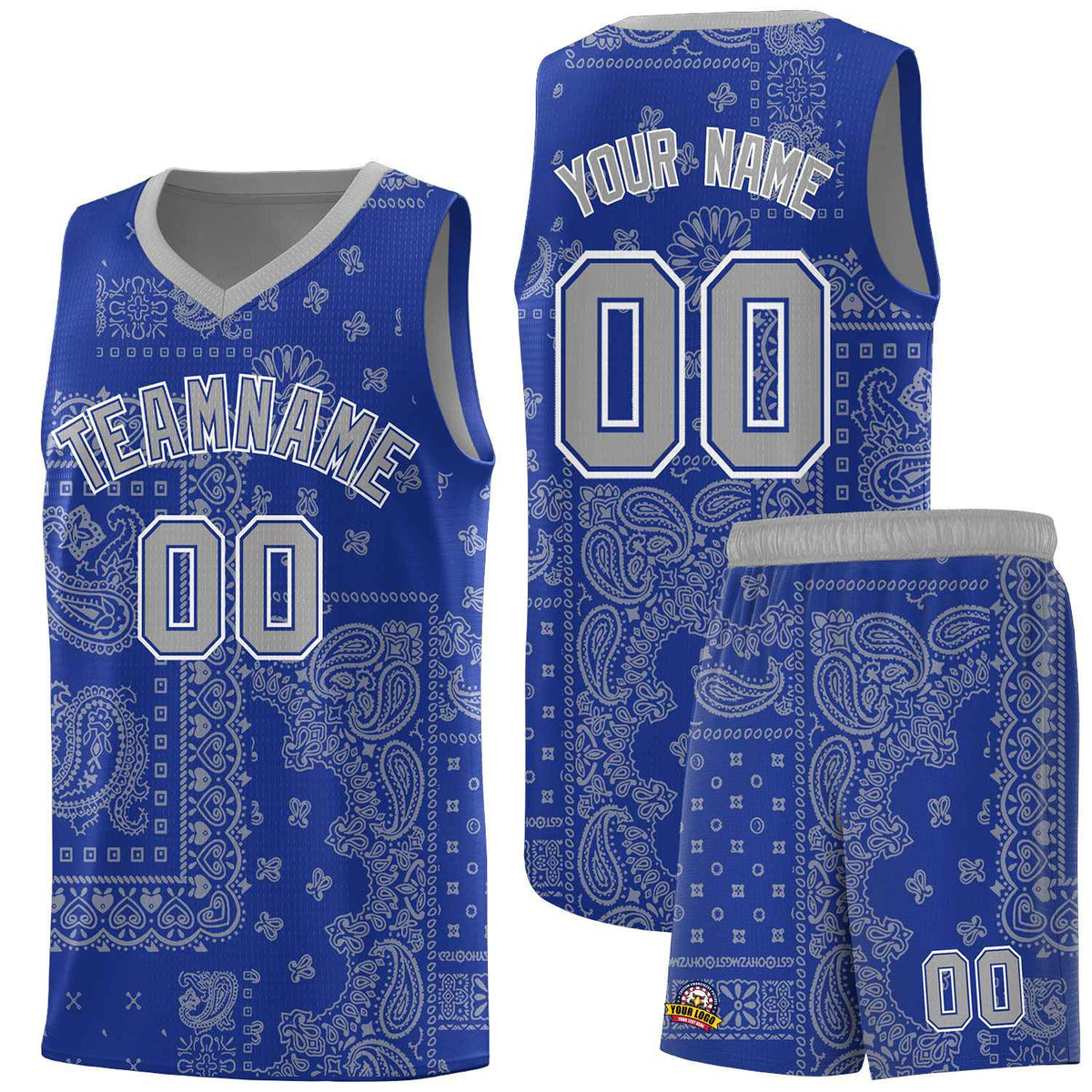 Custom Royal Basketball Kits With Silver Cashew Flower Print Pattern
