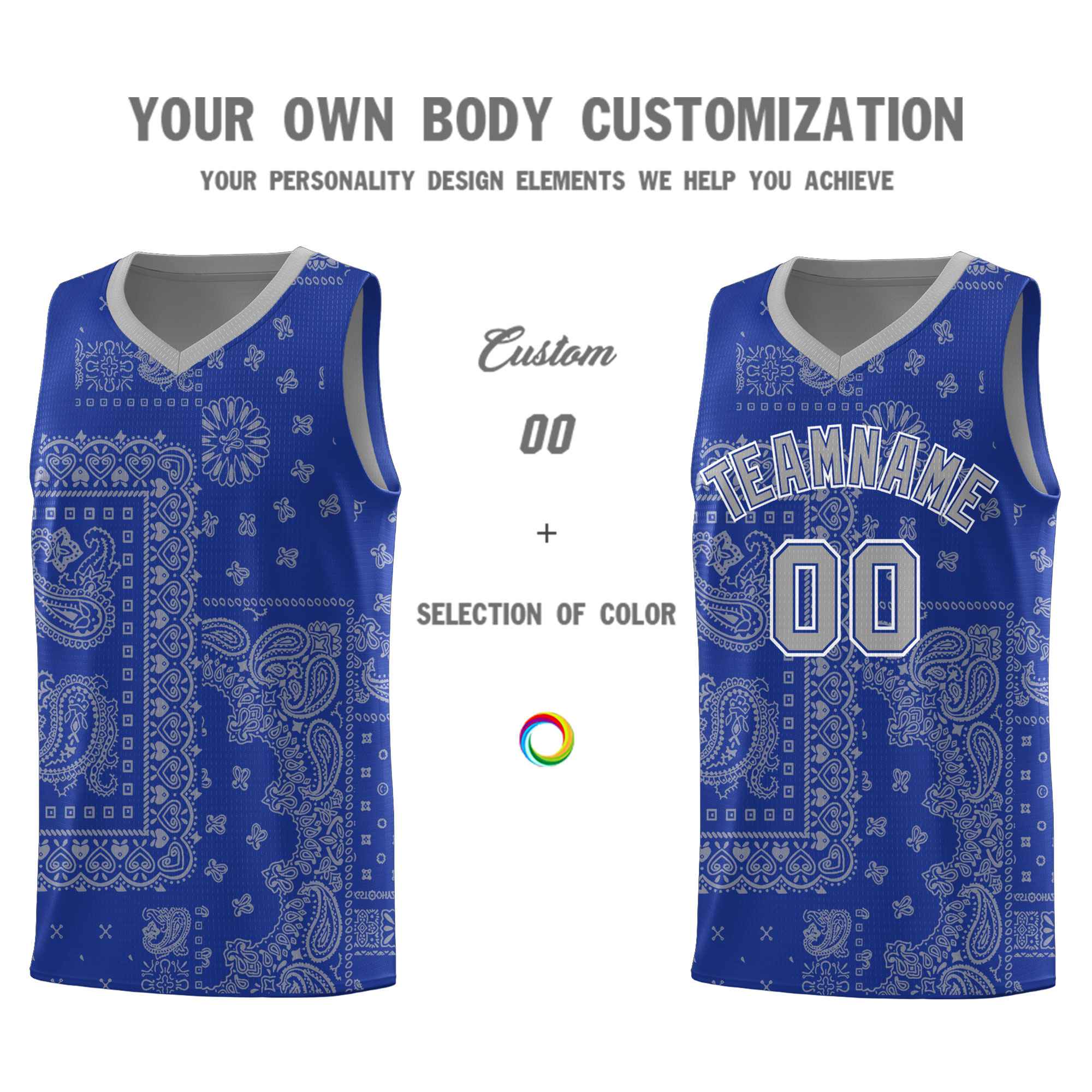 Custom Royal Basketball Kits With Silver Cashew Flower Print Pattern