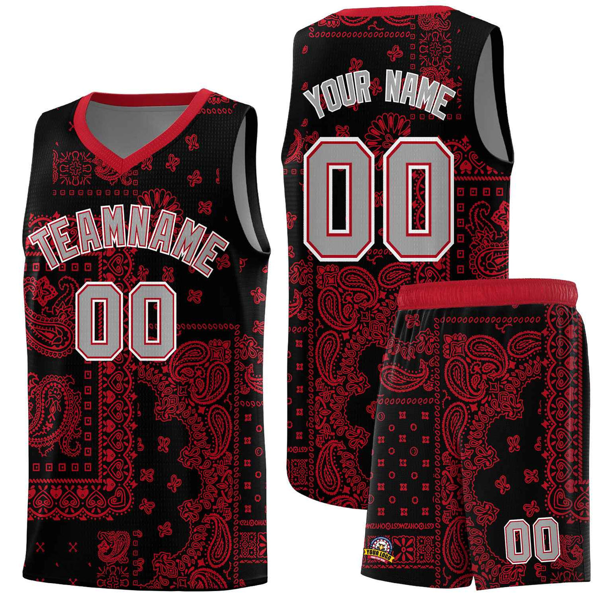 Custom Black Basketball Kits With Red Cashew Flower Print Pattern