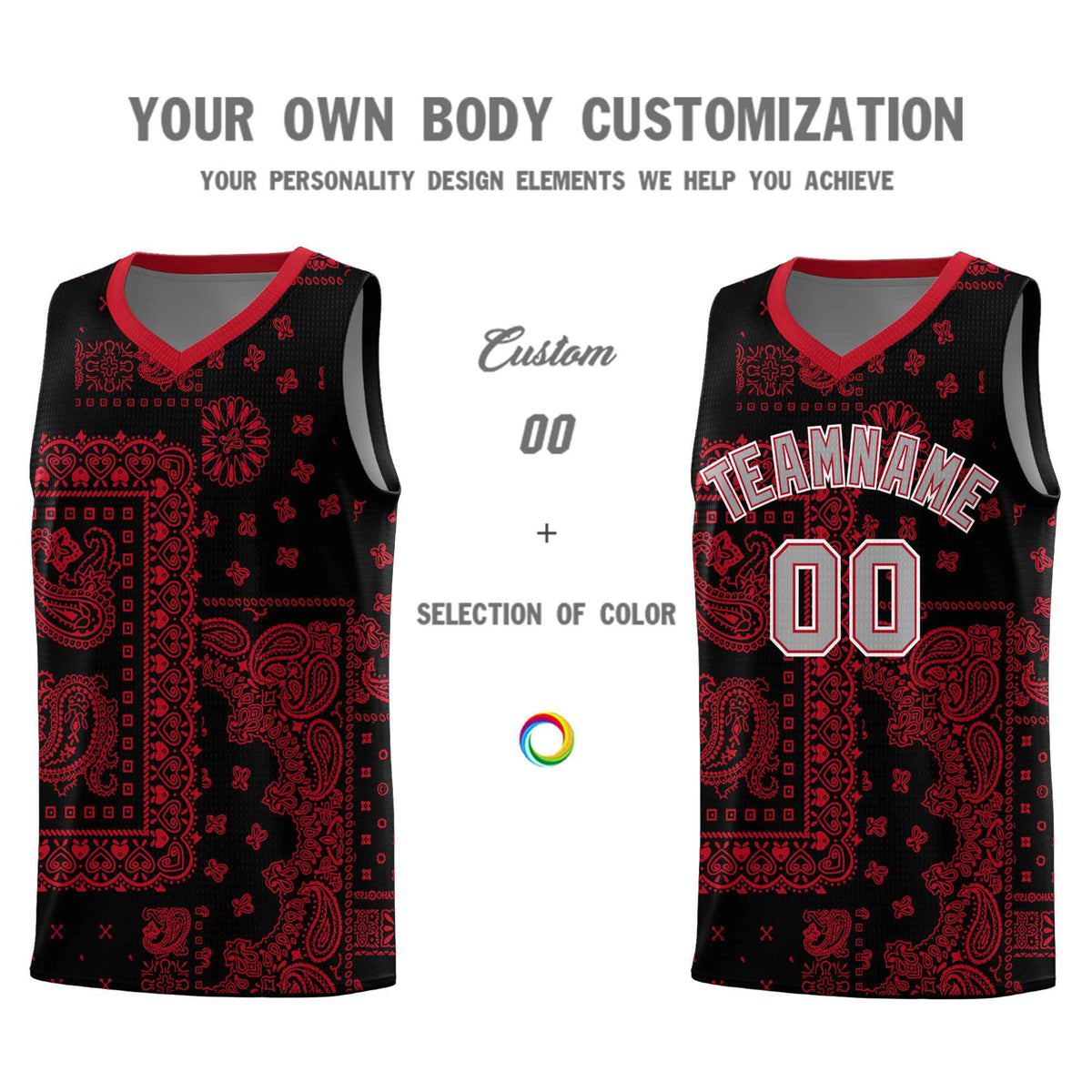 Custom Black Basketball Kits With Red Cashew Flower Print Pattern