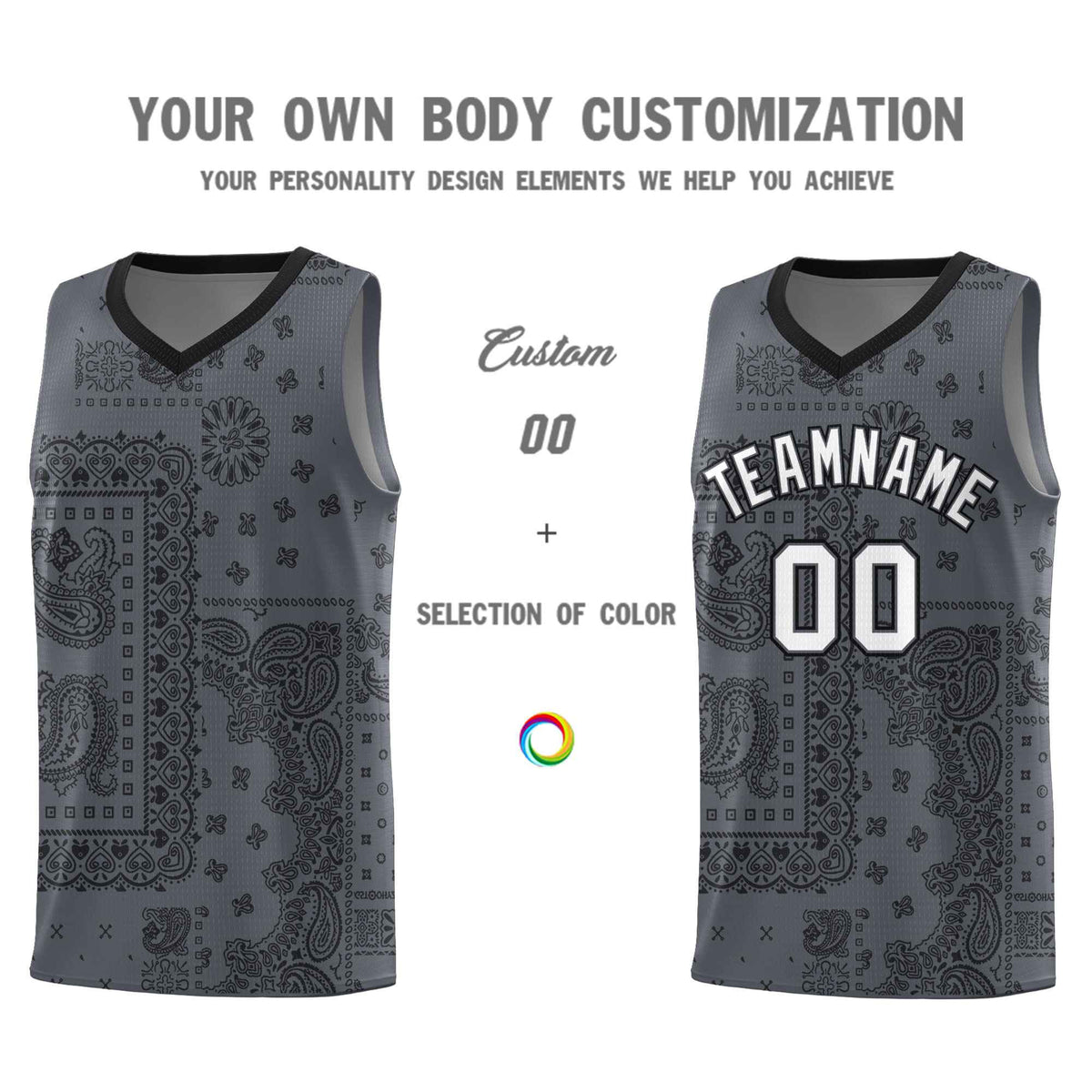 Custom Gray Basketball Kits With Black Cashew Flower Print Pattern
