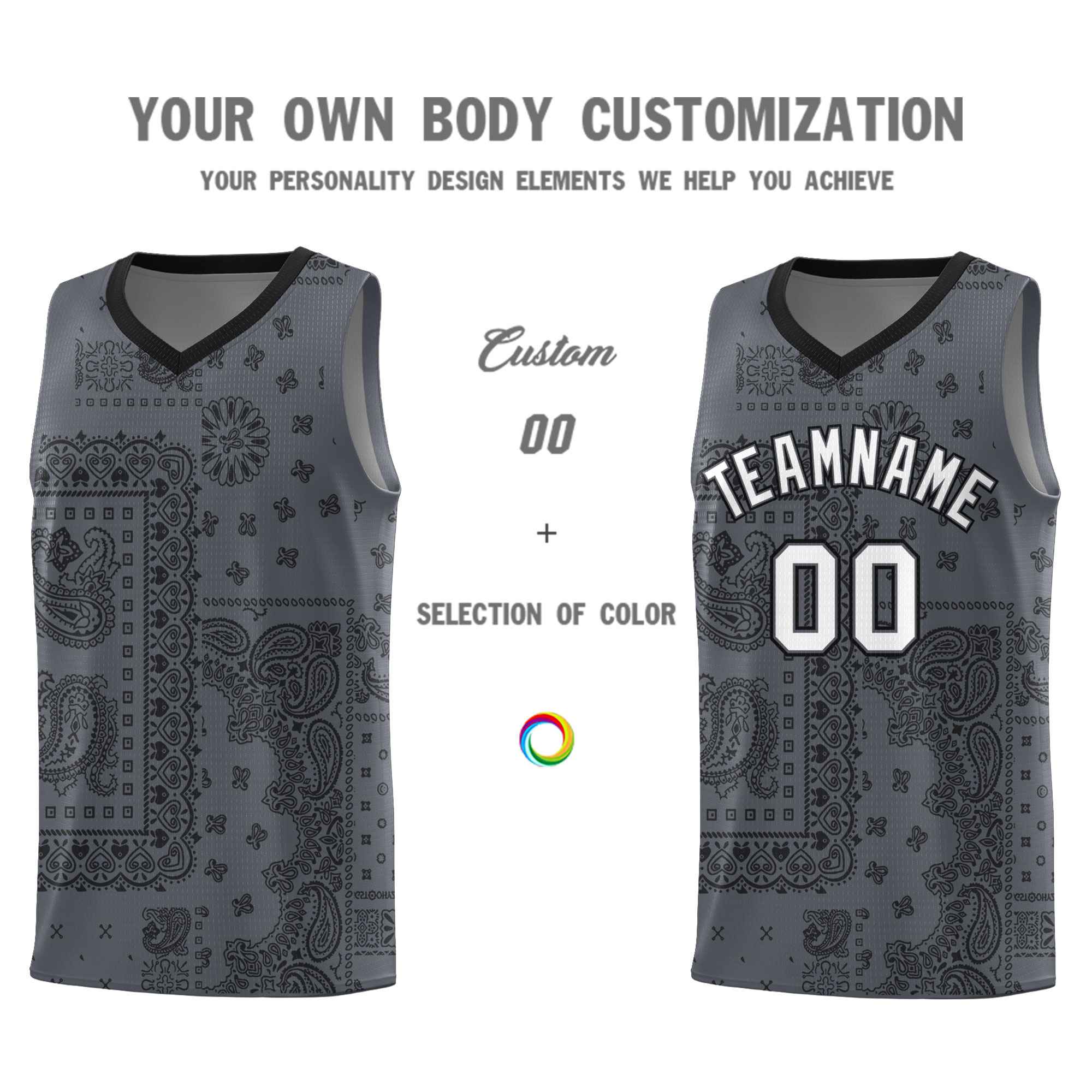 Custom Gray Basketball Kits With Black Cashew Flower Print Pattern