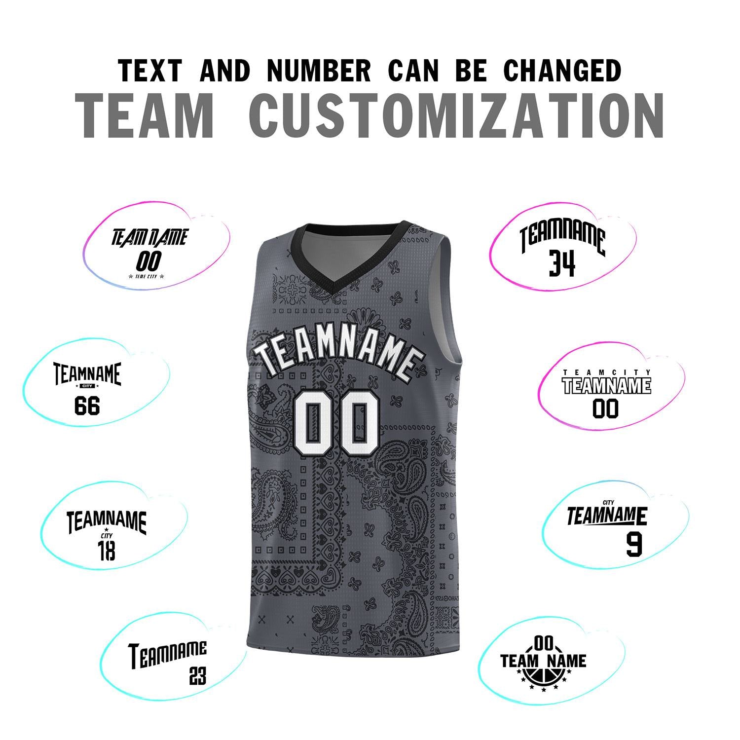 Custom Gray Basketball Kits With Black Cashew Flower Print Pattern