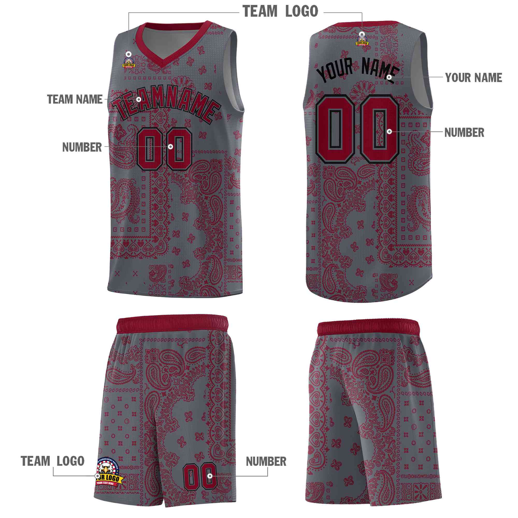 Custom Gray Basketball Kits With Crimson Cashew Flower Print Pattern