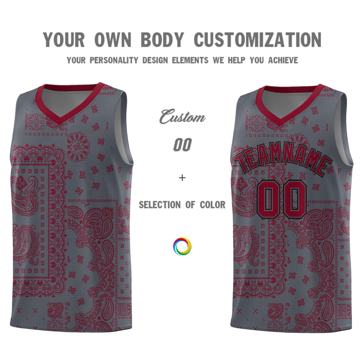 Custom Gray Basketball Kits With Crimson Cashew Flower Print Pattern