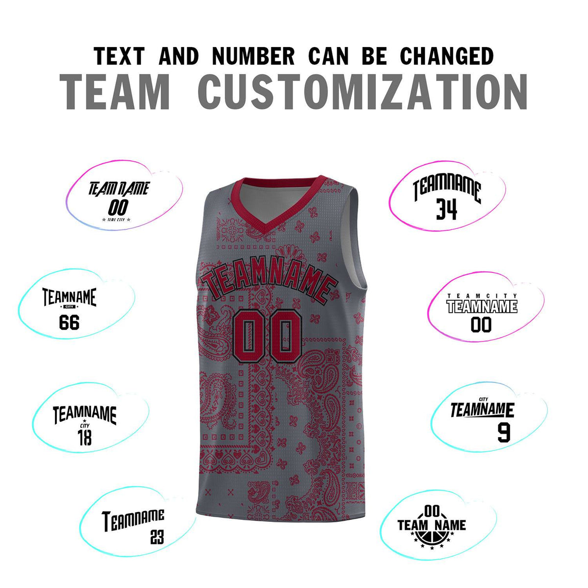 Custom Gray Basketball Kits With Crimson Cashew Flower Print Pattern