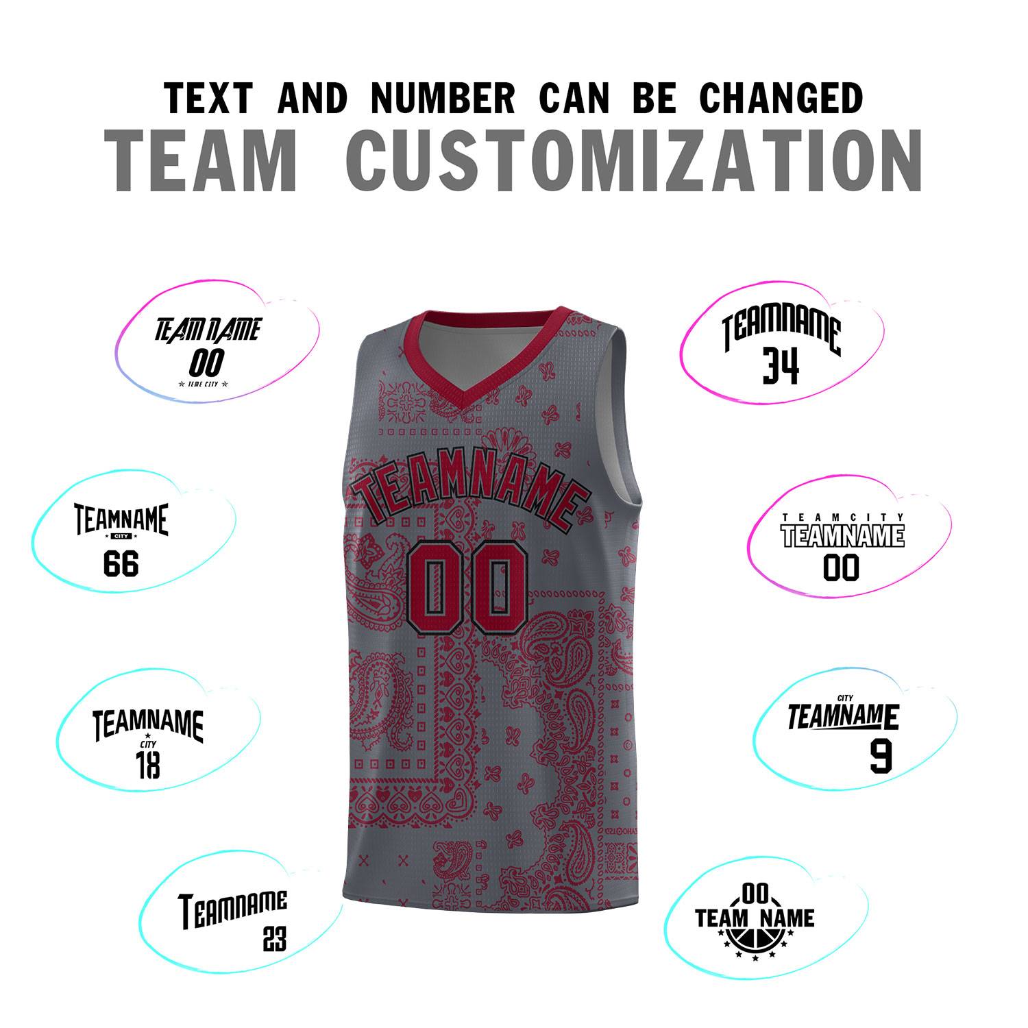 Custom Gray Basketball Kits With Crimson Cashew Flower Print Pattern