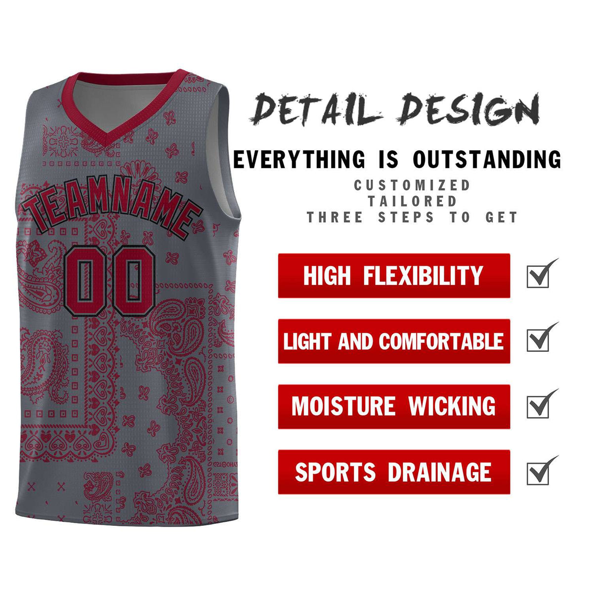 Custom Gray Basketball Kits With Crimson Cashew Flower Print Pattern