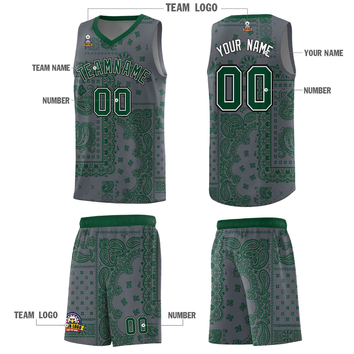 Custom Gray Basketball Kits With Kelly Green Cashew Flower Print Pattern