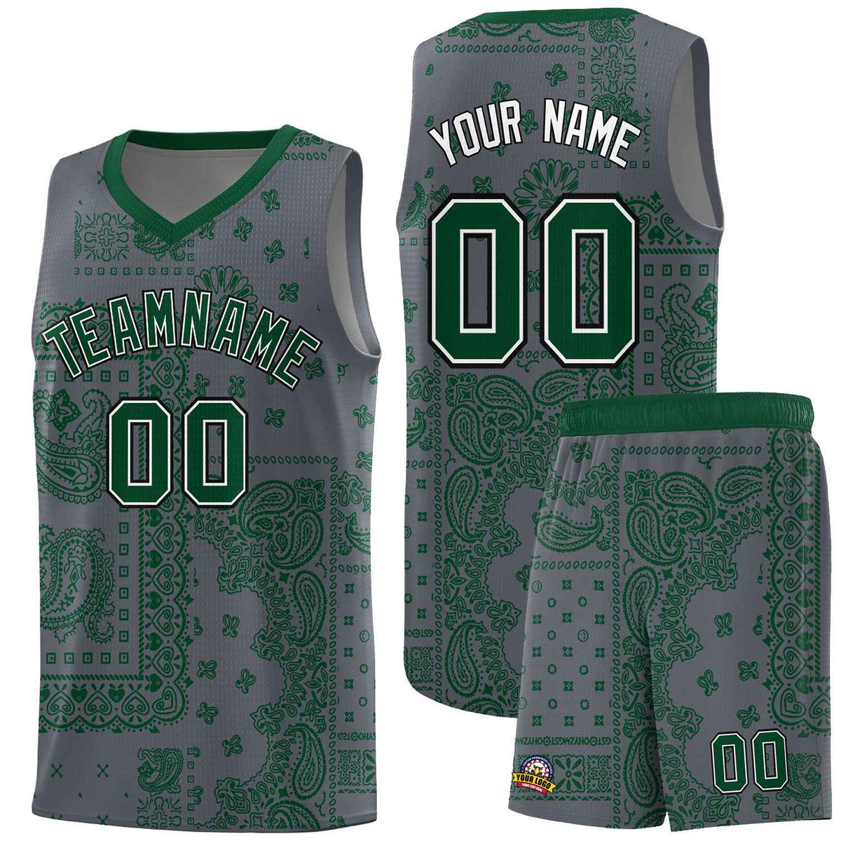 Custom Gray Basketball Kits With Kelly Green Cashew Flower Print Pattern