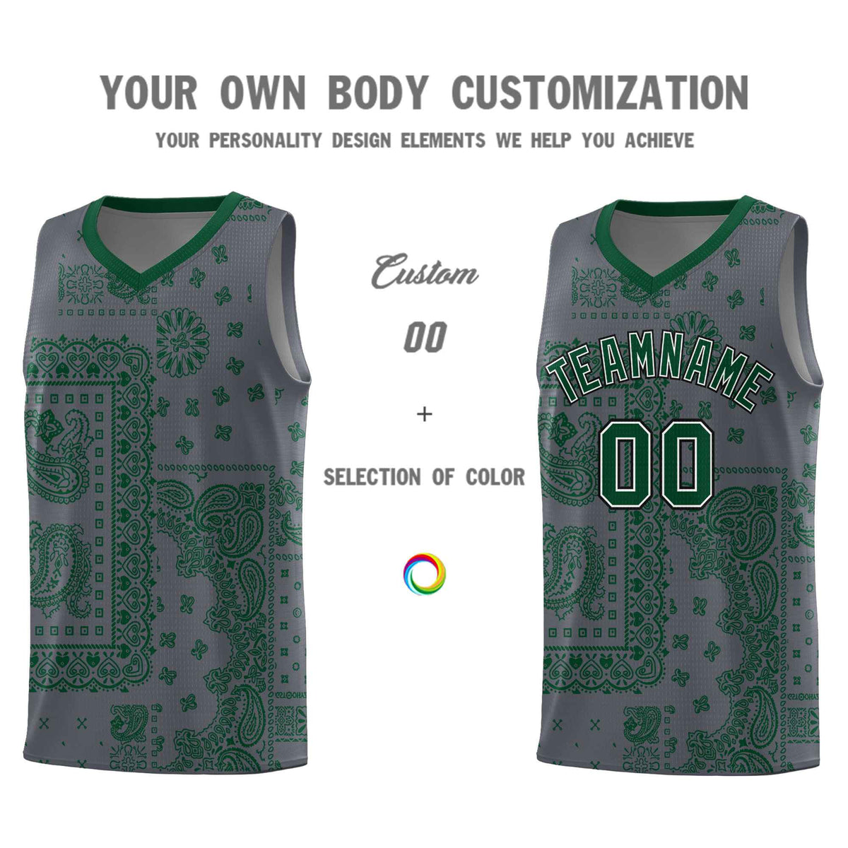 Custom Gray Basketball Kits With Kelly Green Cashew Flower Print Pattern