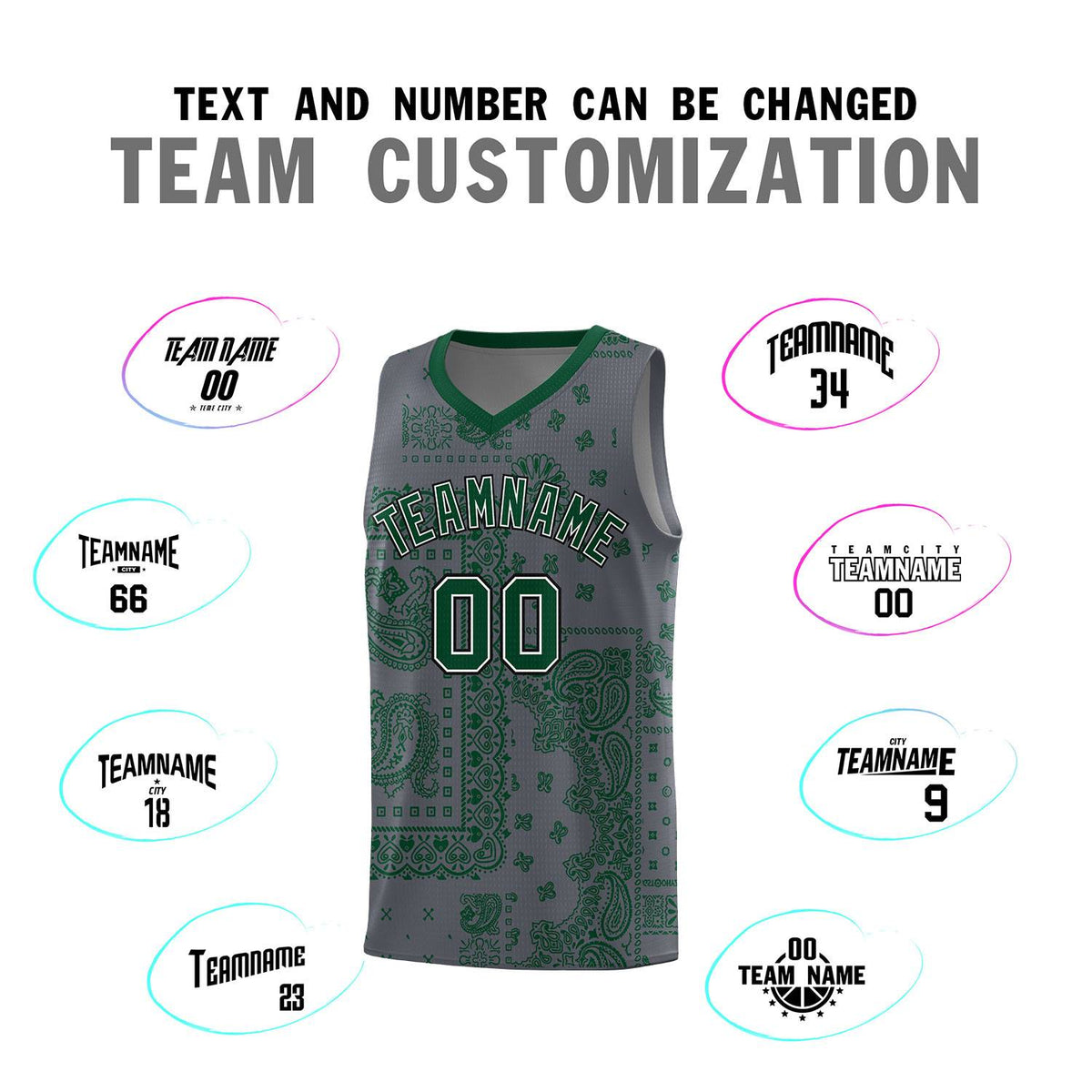 Custom Gray Basketball Kits With Kelly Green Cashew Flower Print Pattern