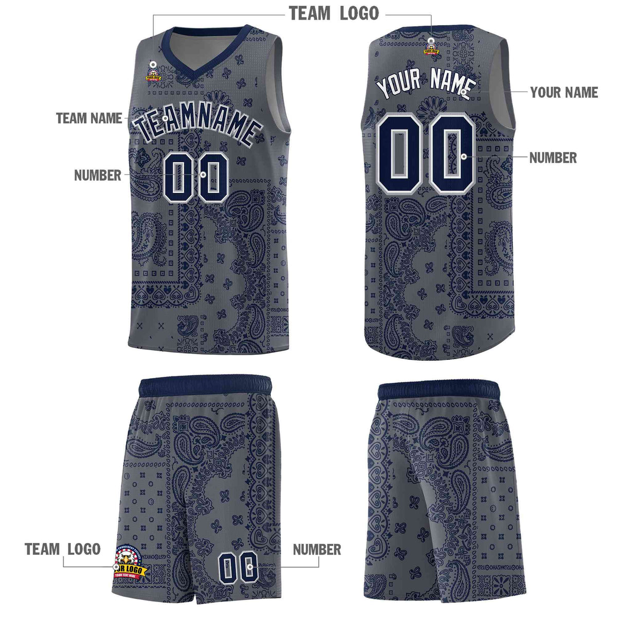 Custom Gray Basketball Kits With Navy Cashew Flower Print Pattern
