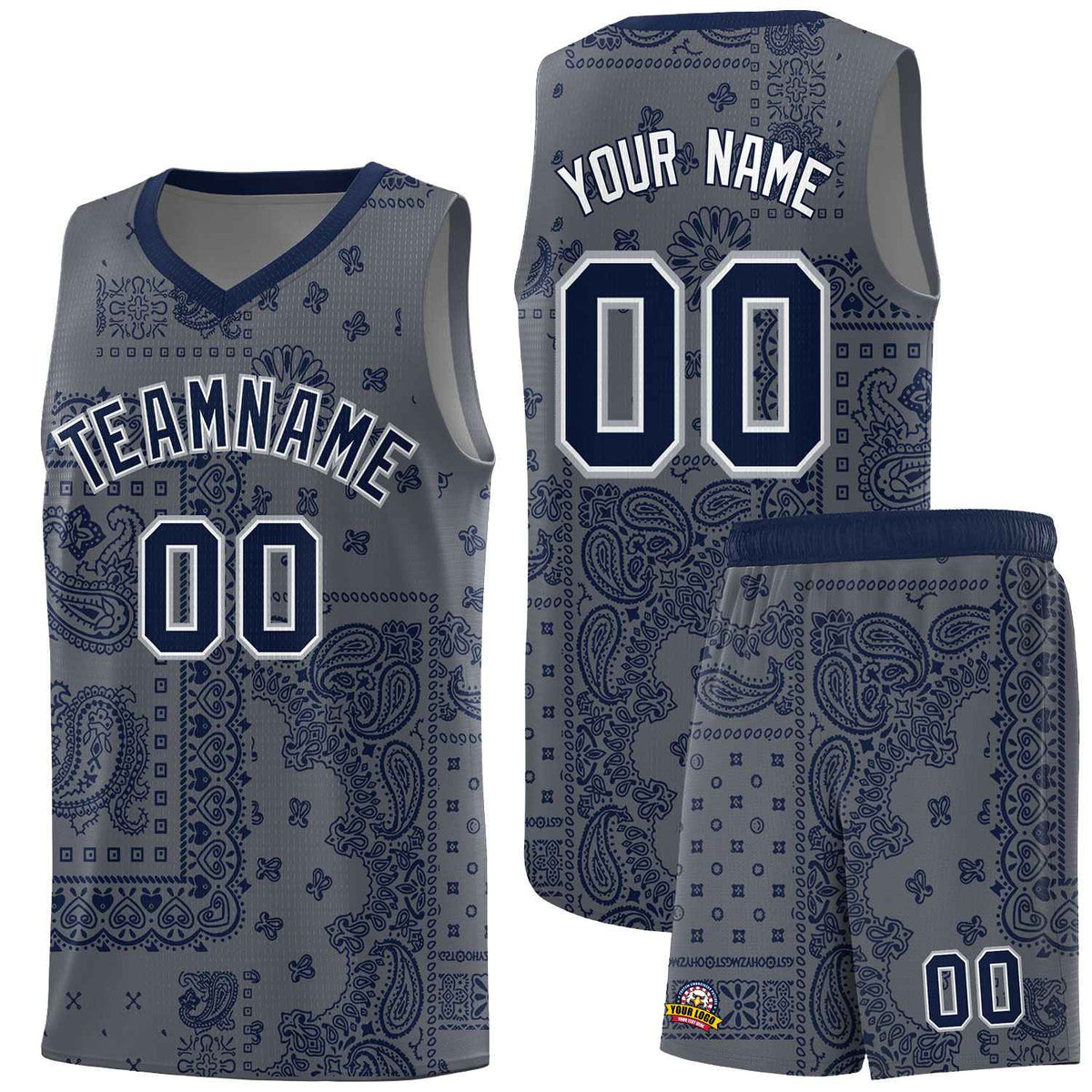 Custom Gray Basketball Kits With Navy Cashew Flower Print Pattern
