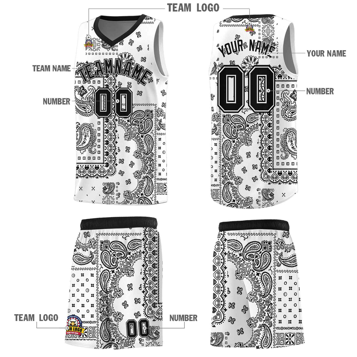Custom White Basketball Kits With Black Cashew Flower Print Pattern