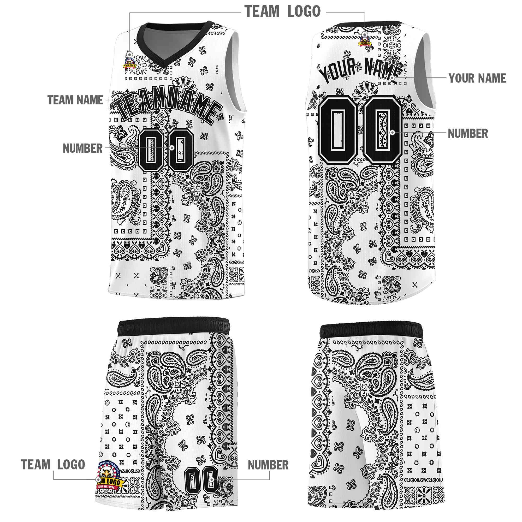 Custom White Basketball Kits With Black Cashew Flower Print Pattern
