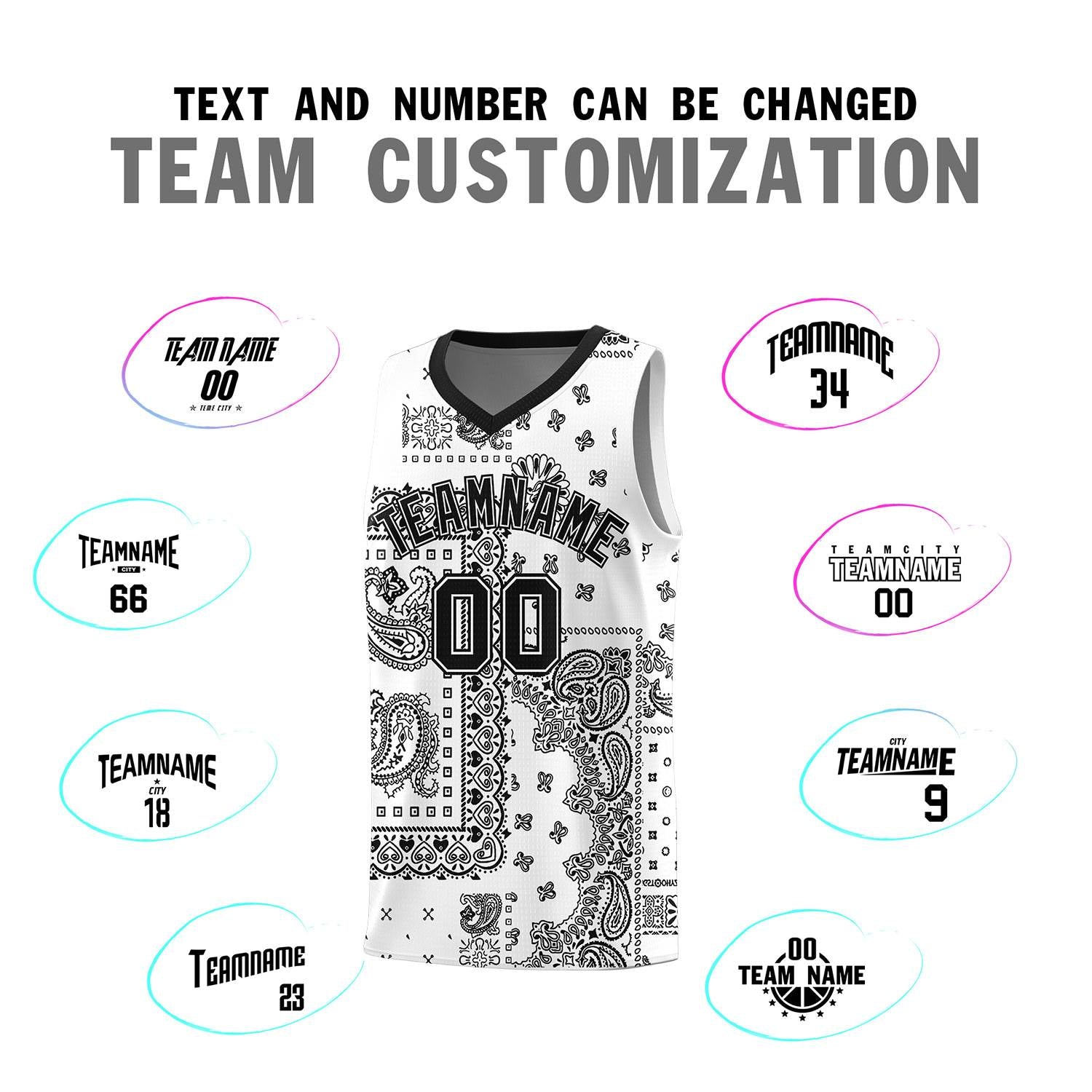 Custom White Basketball Kits With Black Cashew Flower Print Pattern