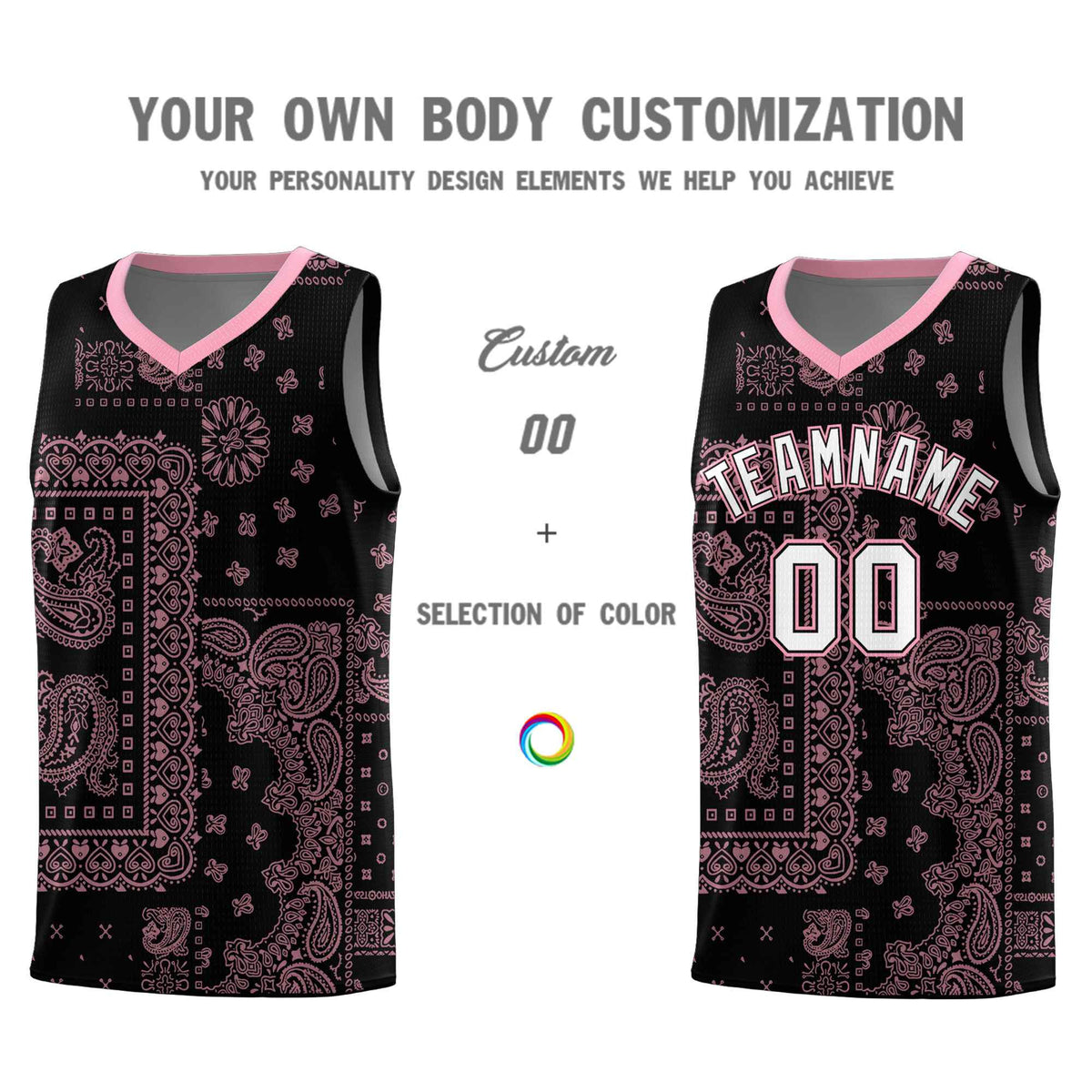 Custom Black Basketball Kits With Light Pink Cashew Flower Print Pattern