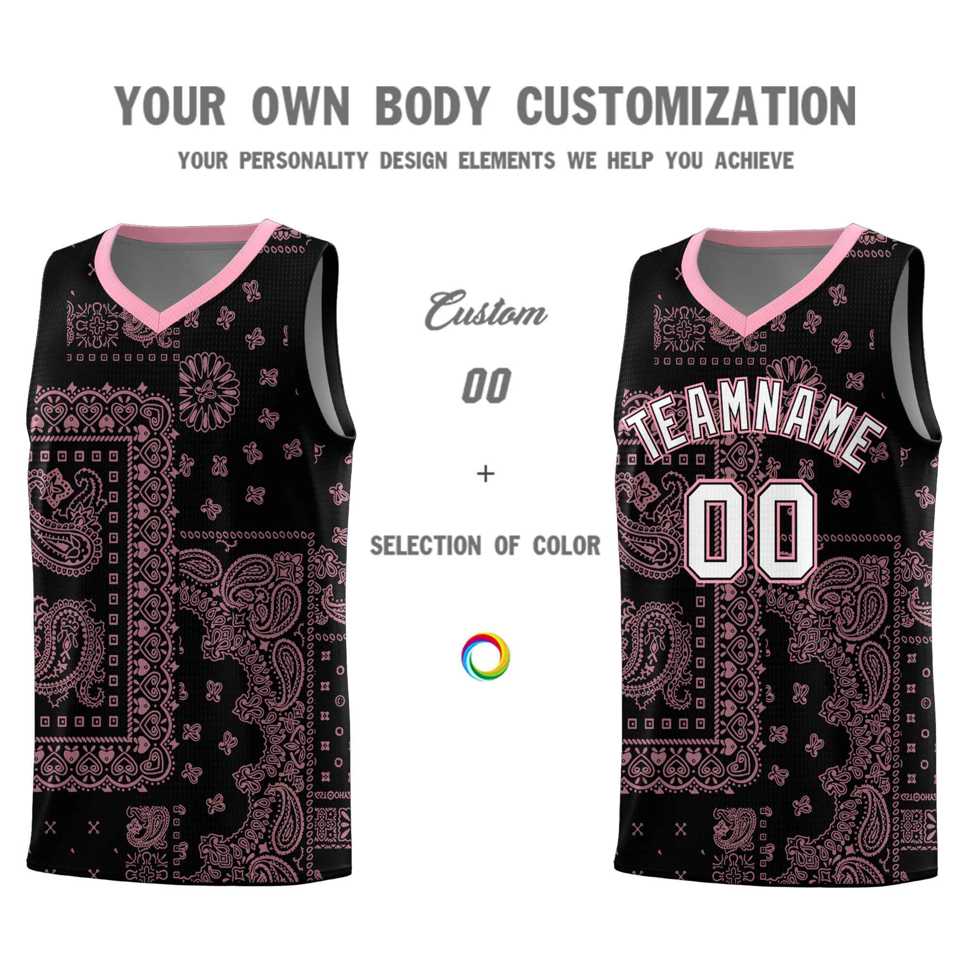 Custom Black Basketball Kits With Light Pink Cashew Flower Print Pattern