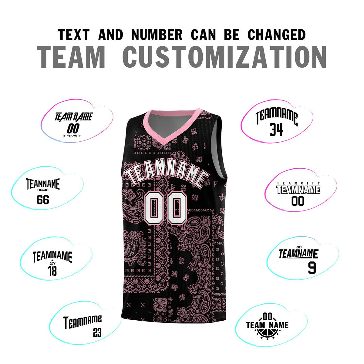Custom Black Basketball Kits With Light Pink Cashew Flower Print Pattern