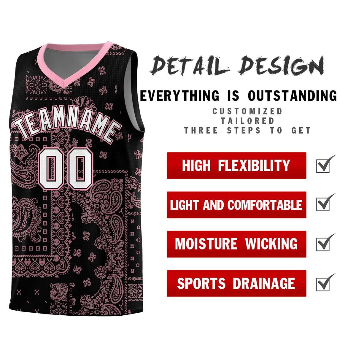 Custom Black Basketball Kits With Light Pink Cashew Flower Print Pattern