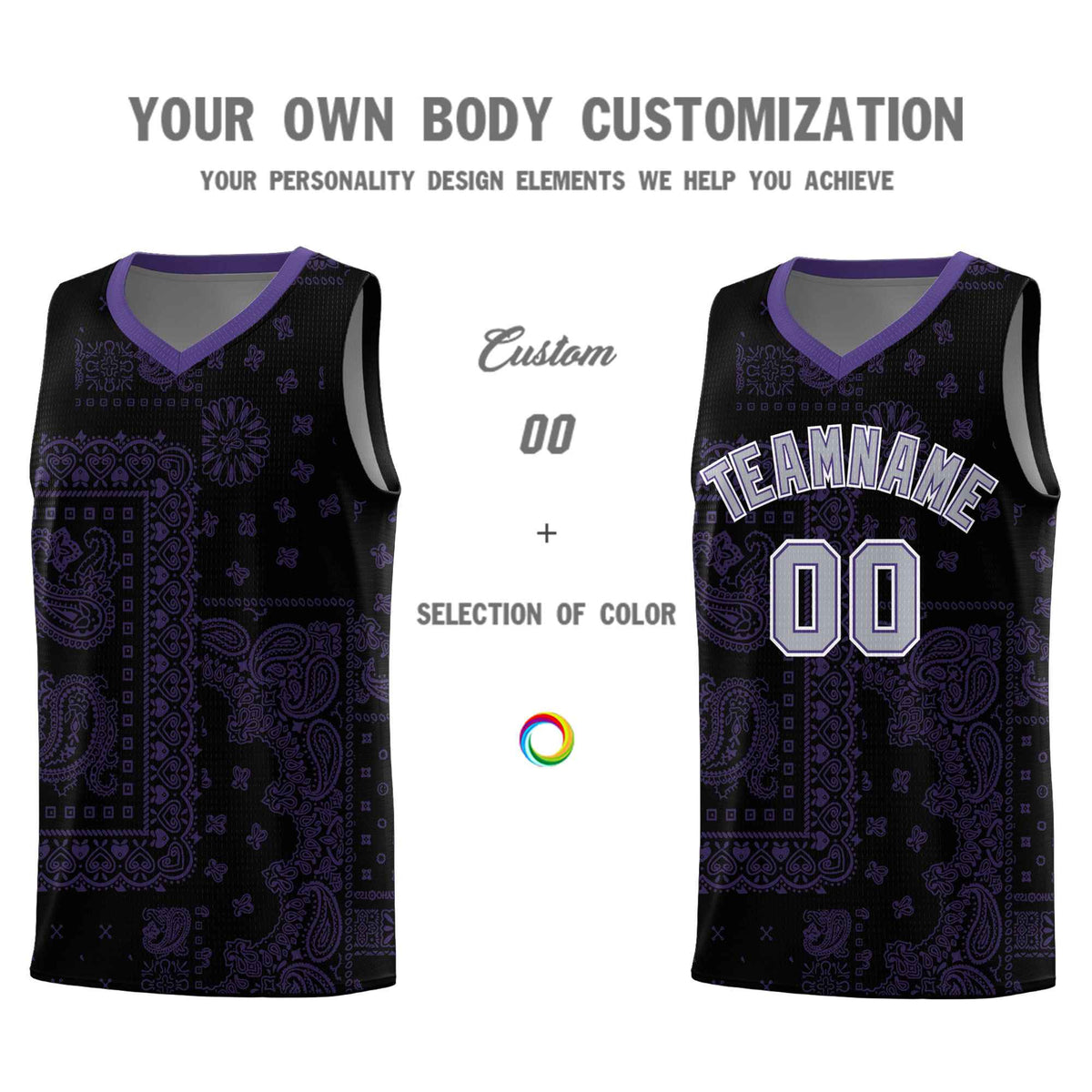 Custom Black Basketball Kits With Purple Cashew Flower Print Pattern
