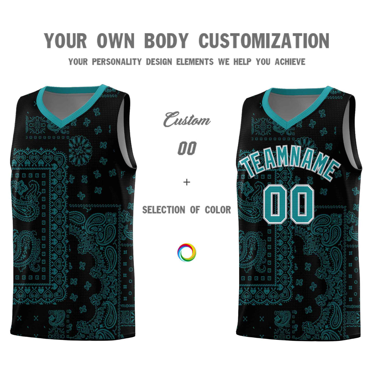Custom Black Basketball Kits With Aqua Cashew Flower Print Pattern
