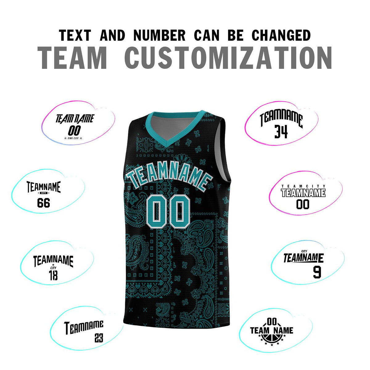 Custom Black Basketball Kits With Aqua Cashew Flower Print Pattern