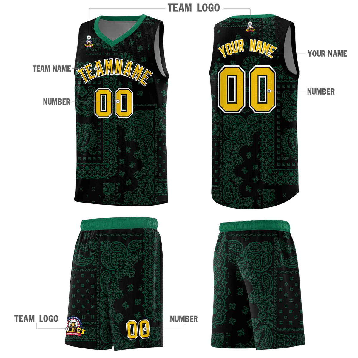 Custom Black Basketball Kits With Kelly Green Cashew Flower Print Pattern