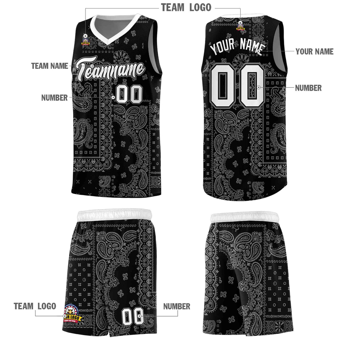 Custom Black Basketball Kits With White Cashew Flower Print Pattern