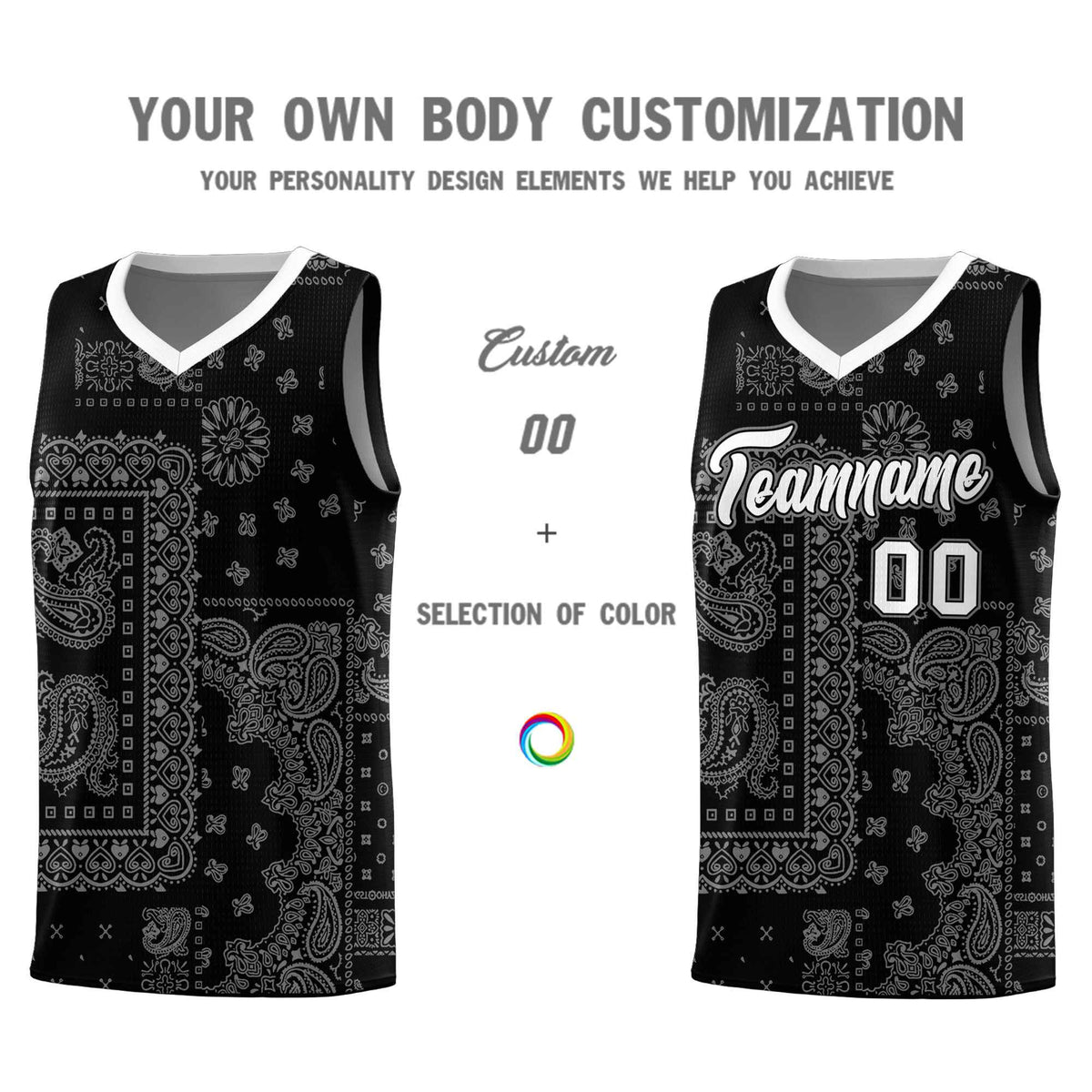 Custom Black Basketball Kits With White Cashew Flower Print Pattern