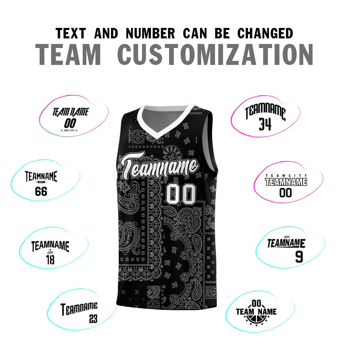 Custom Black Basketball Kits With White Cashew Flower Print Pattern