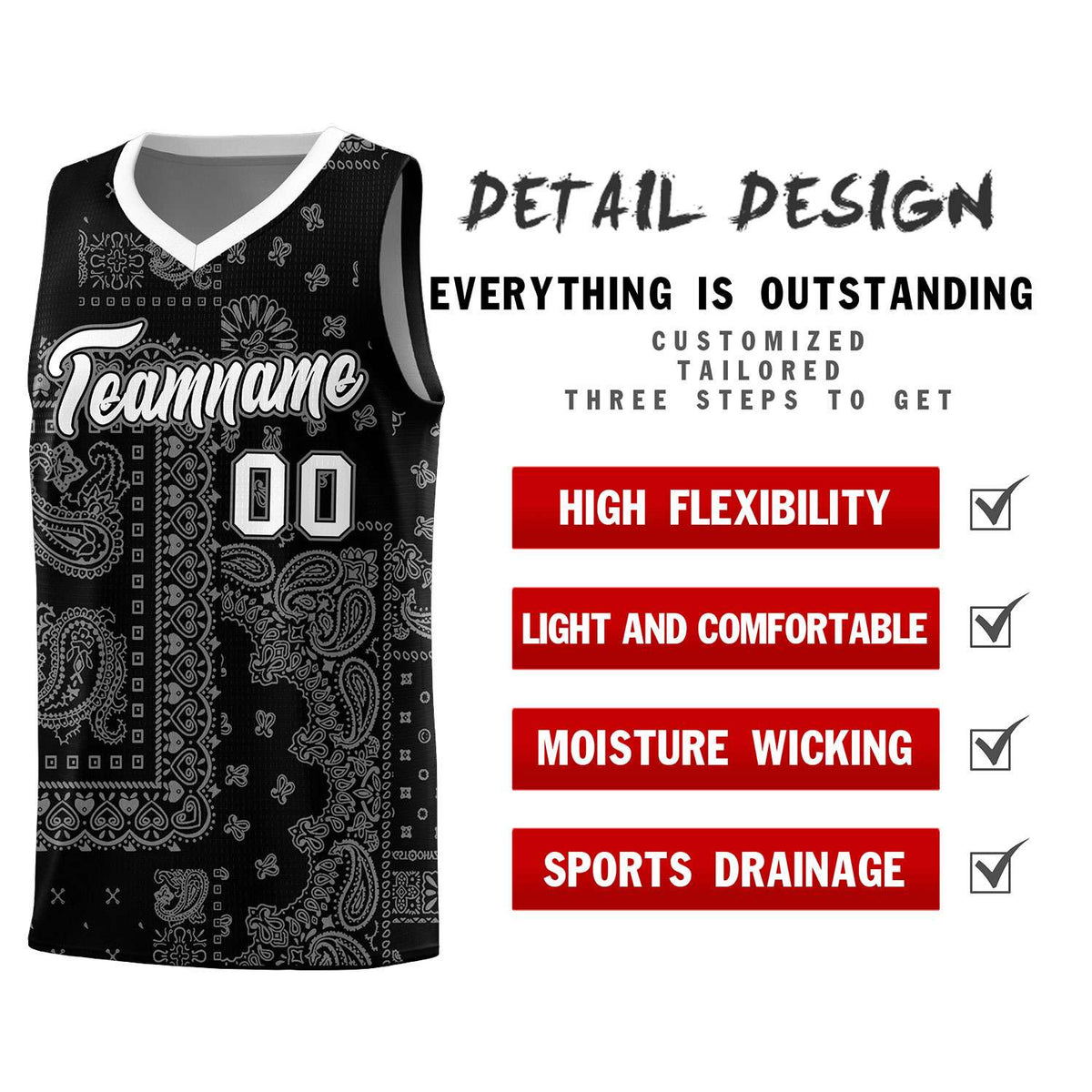 Custom Black Basketball Kits With White Cashew Flower Print Pattern