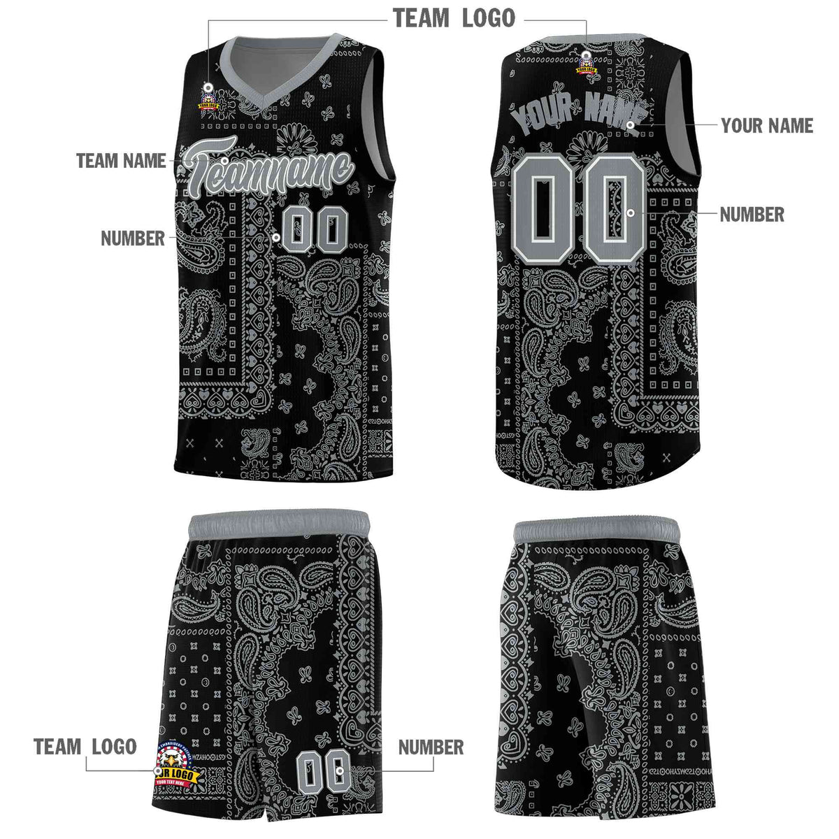 Custom Black Basketball Kits With Silver Cashew Flower Print Pattern